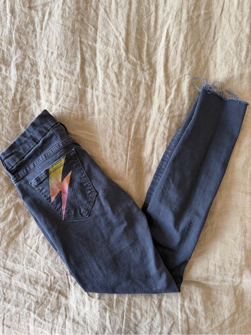 MOTHER Black Skinny Jeans with Multicolor Lightning Bolt Pocket
